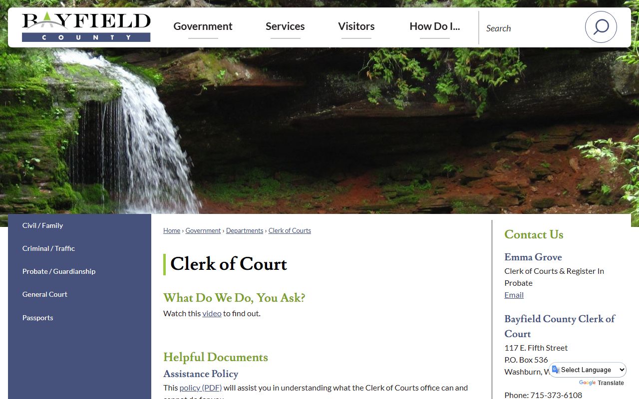 Bayfield County court records after arrest Clerk of Court page