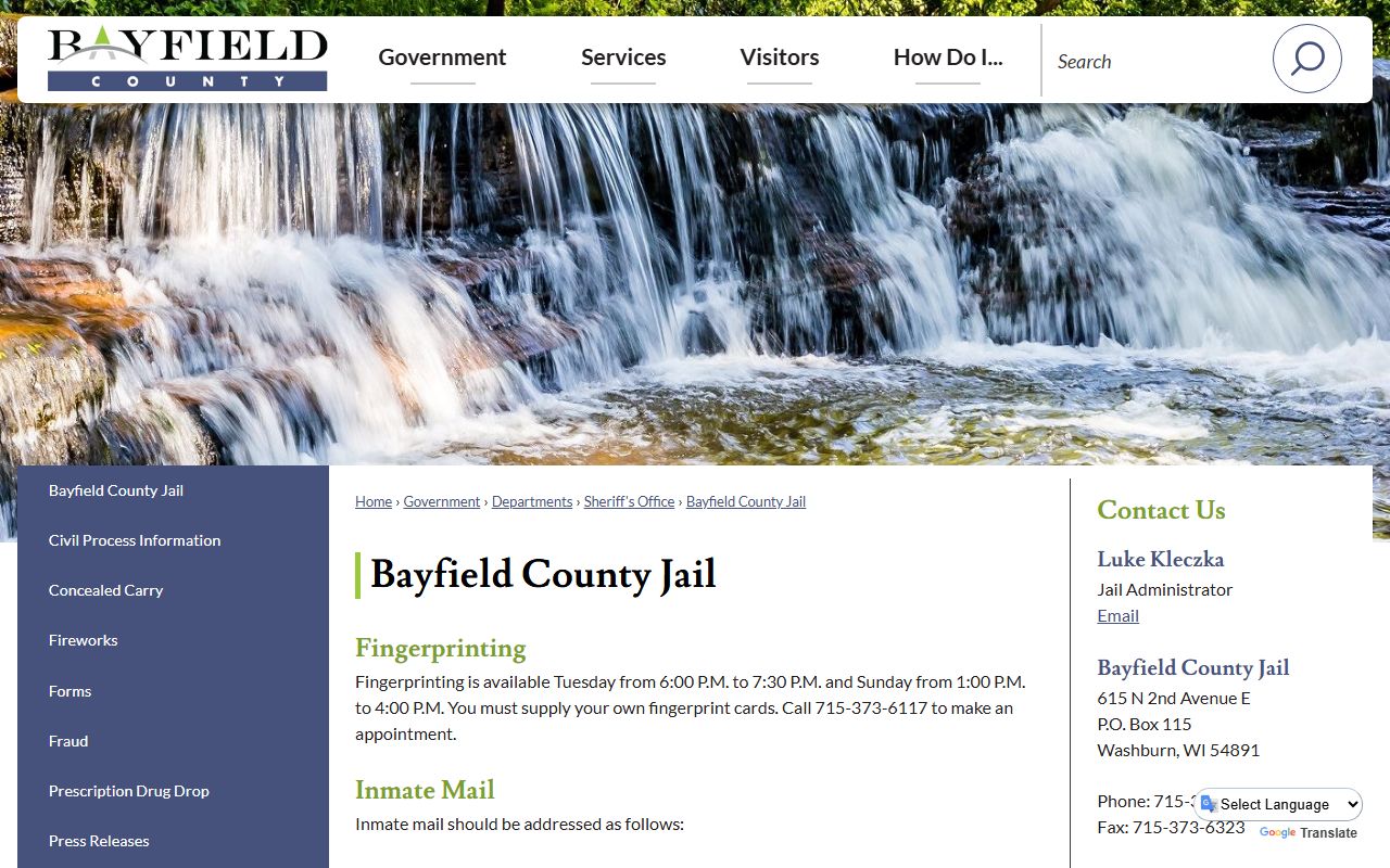 Bayfield County Jail inmate population official jail page
