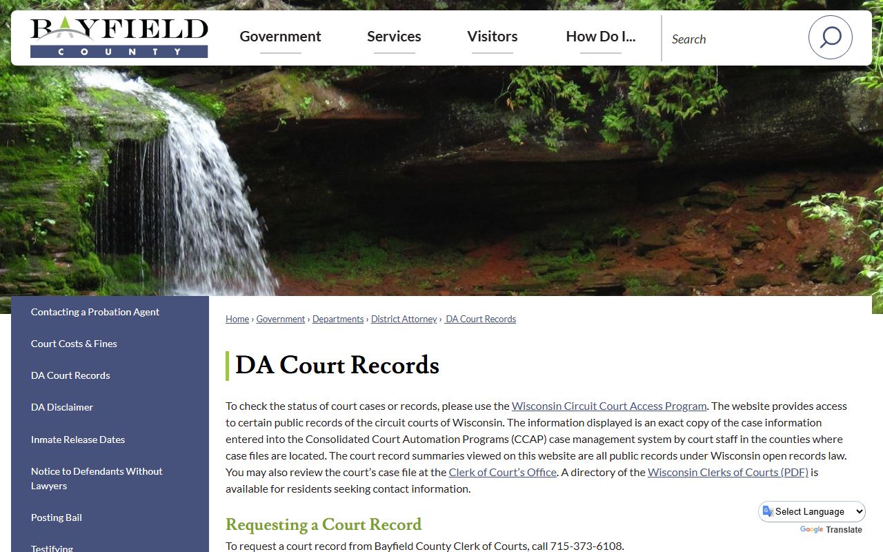 Bayfield County court records after arrest District Attorney records page