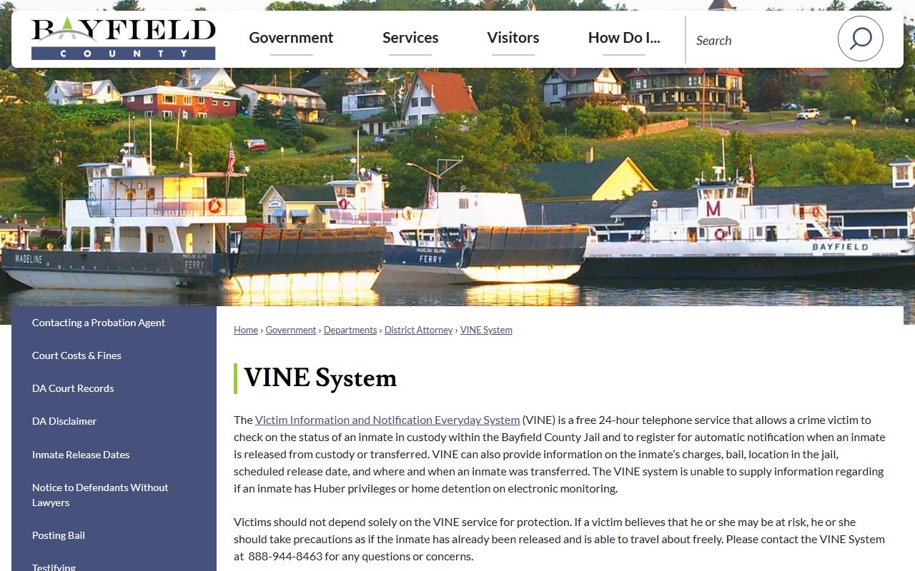 Bayfield County inmate custody VINE status page